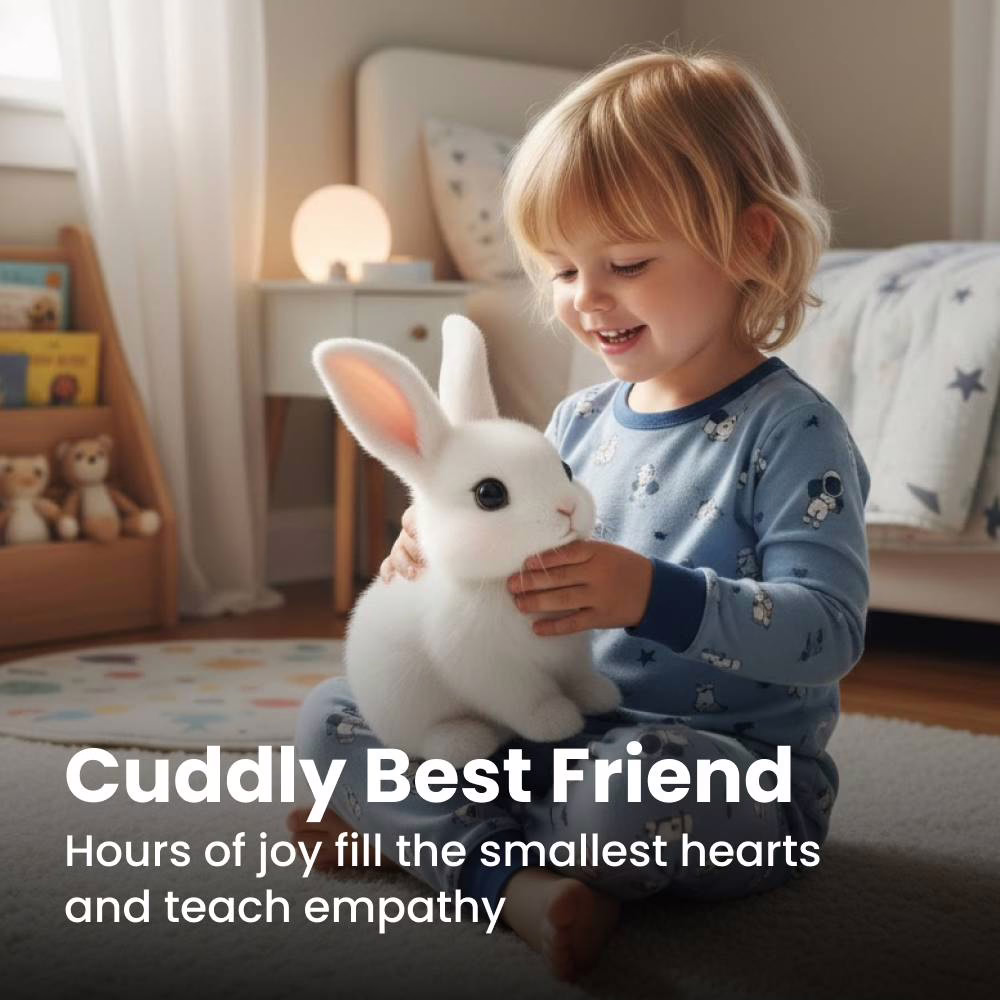 Un enfant serre le lapin Rabsy contre lui