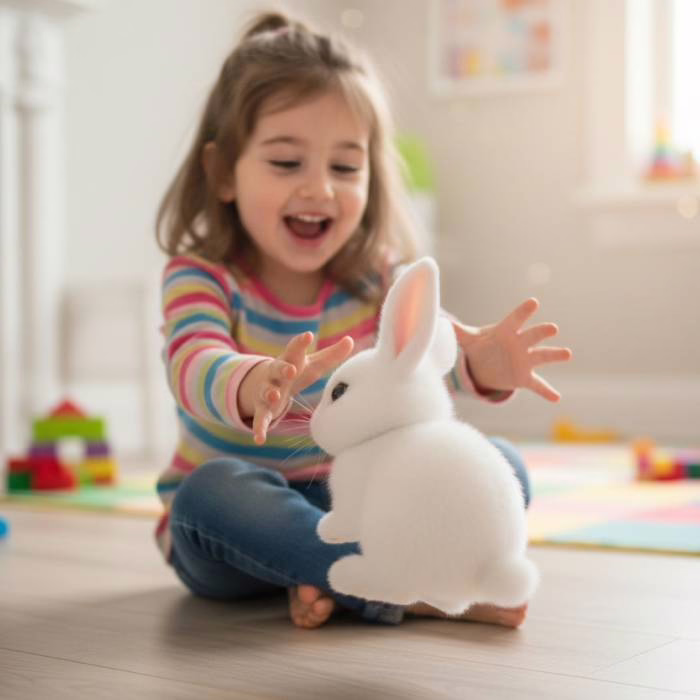 Un enfant joue et câline le lapin Rabsy